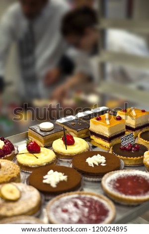 Cakes and pastry chefs in a bakery