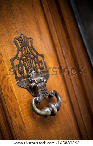 Knocker on the wooden door of a French mansion