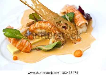 Roasted langoustines, coconut and curry jelly, lobster soup
