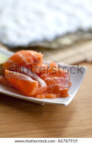 Salmon pieces to make sushi