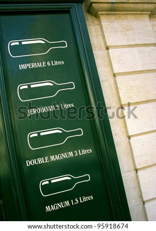 Signs about the capacities from bottle on the front is a wine shop