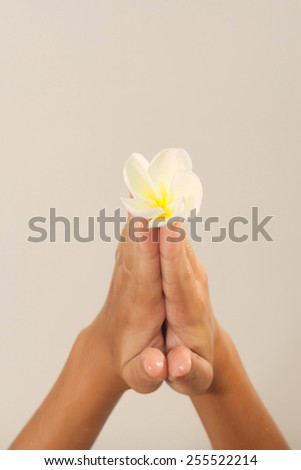 Golden tinted photo of female hands in oil holding magnolia flower on beige background view 5
