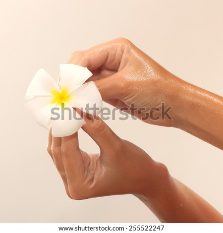 Golden tinted photo of female hands in oil holding magnolia flower on beige background view 3