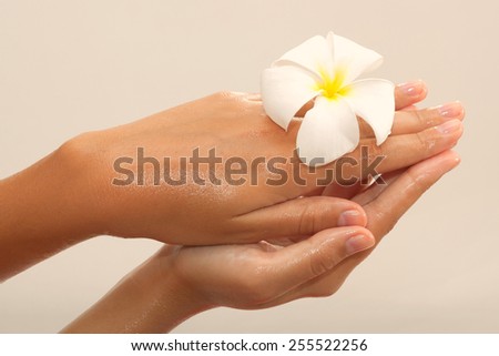 Golden tinted photo of female hands in oil holding magnolia flower on beige background view 2
