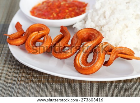 Grilled snake on skewer with chili sauce and steamed rice on white plate on mat close-up