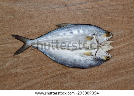 Fresh fish cut on wooden background ready for cooking, top view