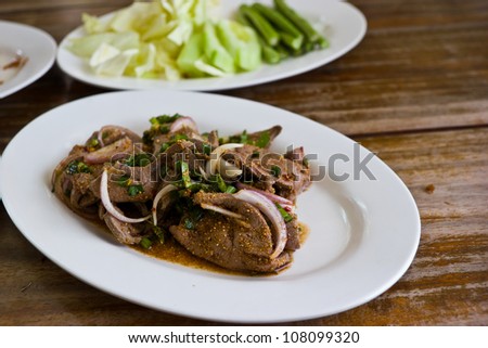 Larb chicken salad. Traditional Thai food, with ground chicken l