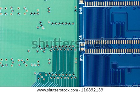 Close-up circuit board, computer RAM.