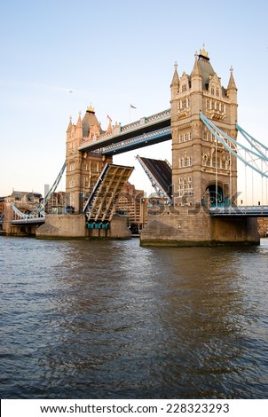 London tower Bridge open to let a boat cross