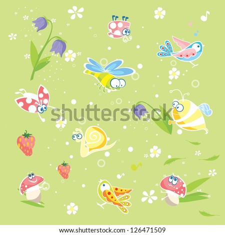 Spring green background with insects and flowers | Vector baby pastel texture with funny animals