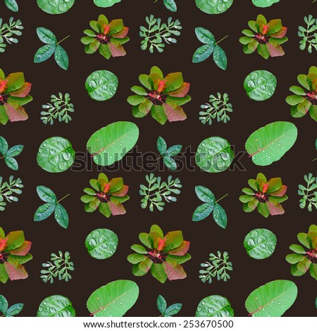Dark spring photo pattern | Seamless texture with green foliage and water drops