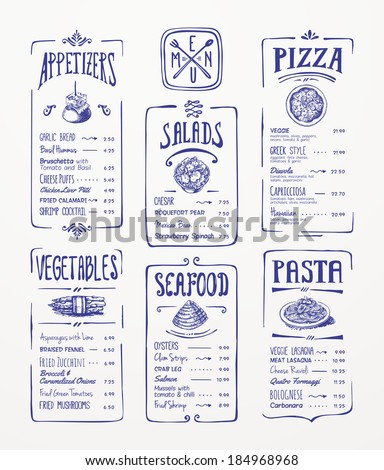 Menu template. Blue pen drawing. Appetizers, vegetables,salads, seafood, pizza, pasta.