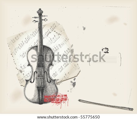 Violin  drawing- music instrument with score- background