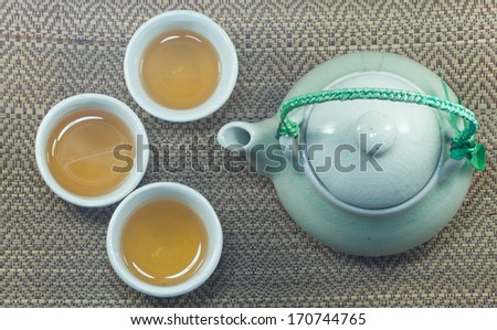 Set of chinese tea cup and tea pot on bamboo mat