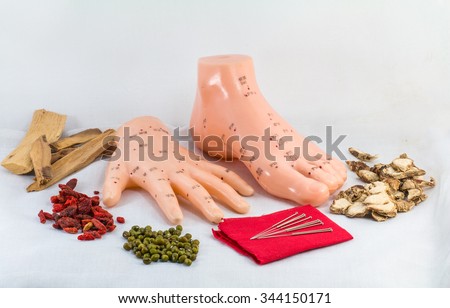 Chinese herbal medicine with acupuncture needles and hand foot meridian model on whites