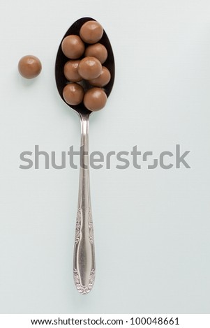 Concept photograph of a spoon full of chocolate coated lollies representing unhealthy diet.