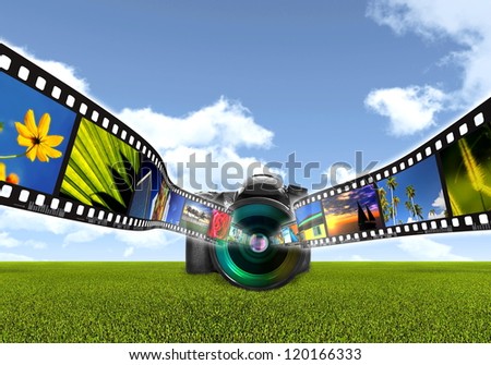 Digital Photography concept with digital single lens reflect camera capturing a filmstrip of images