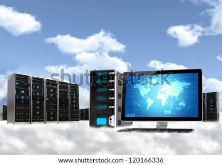 Cloud computing concept. Illustrated with computer  workstation and server cabinet above the cloud
