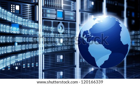 Internet or Information technology conceptual image. With a globe placed in front of computer server cabinets