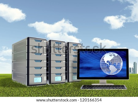 Computer Server on green grassland. A symbol of environmental friendly or green technology