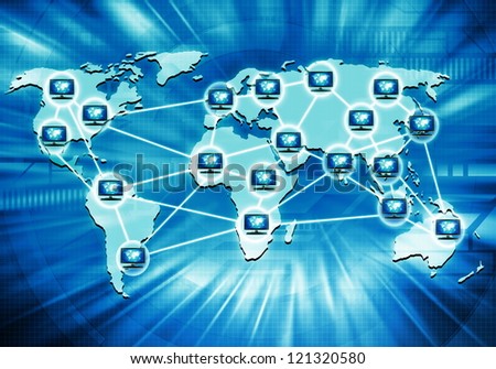 Conceptual image of how internet connects computer from all over the world