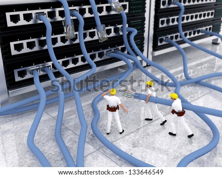 Conceptual image of computer network problems and maintenance with engineers carrying network cable but dont know where to connect