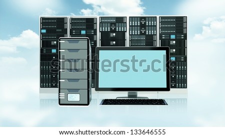 Server concept with blank template on monitor screen. You can use blank screen space to display any picture or design picture to suit your design purposes.