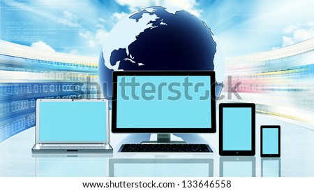 A computer, laptop, tablet, and a smart phone in front of a globe with flashing website screen behind it. You can use blank screen space to display any picture or design  to suit your design purposes.