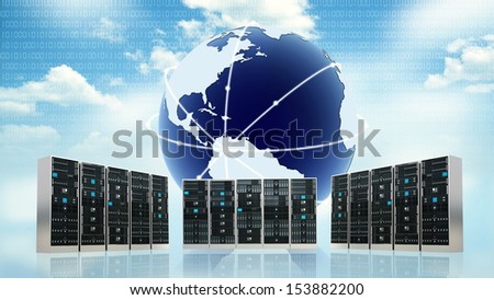 Internet or Information technology conceptual image. With a globe placed in front of computer server cabinets