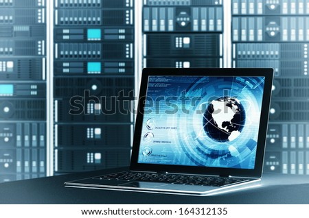 A concept of controlling  worldwide information sharing on a  server rack via laptop interface. You can change the laptop screen to suit your need.