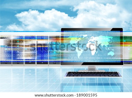 Illustration of computers browsing through websites with fast internet connection