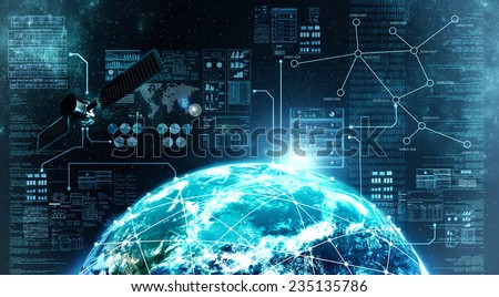 Concept of internet connection via  satellite communication in outer space