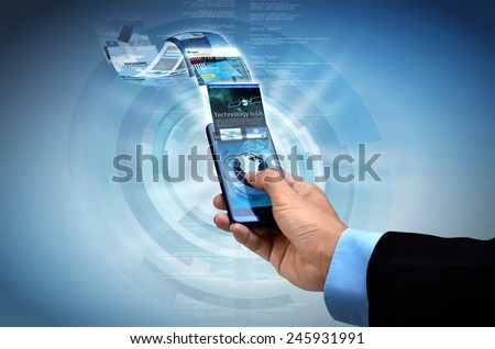 Businessman browsing through websites on his smart phone internet connection