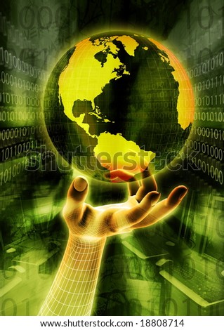 A global internet information illustration with a hand holding a globe on binary data background