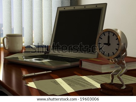 An office desk in one morning. Look at the clock