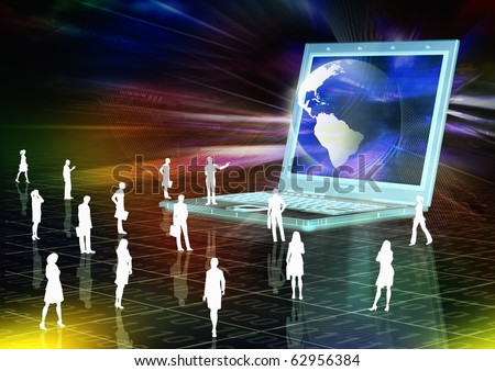 A businessman doing a business presentation inside a virtual world of internet