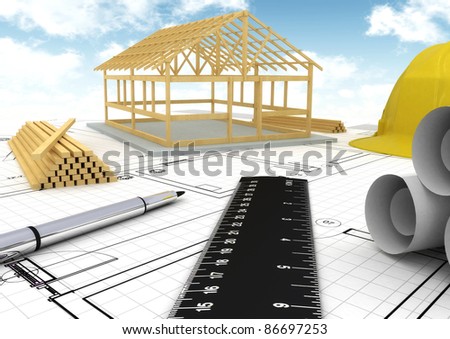 Conceptual image of designing, constructing and building a housing project