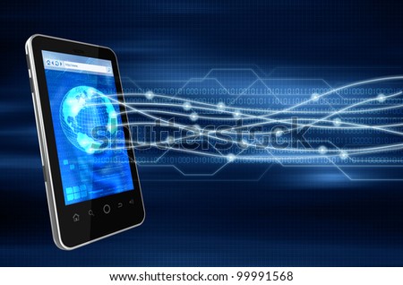 Conceptual image about how a smartphone wireless connection technology connects  to other source of communication worldwide.