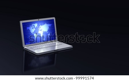 Elegant laptop in dark blue background. The Laptop screen showing worldwide map with information technology style design. You can change the screen and use the copyspace for your design purposes.