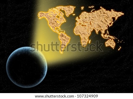 World map light from the earth the background of stars