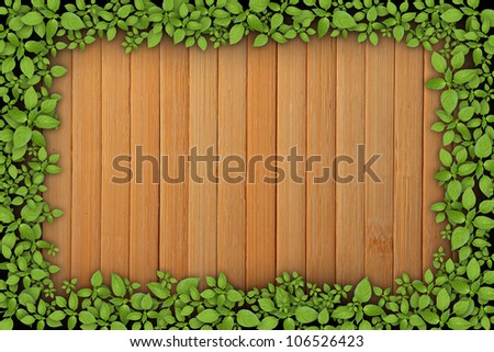 wooden plank background with green plant frame
