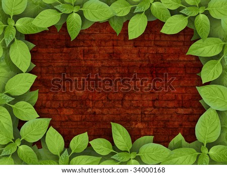 grunge brick background with green plant frame