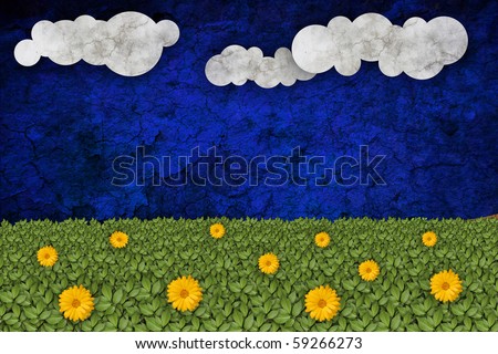 Green field and cloudy sky, illustration