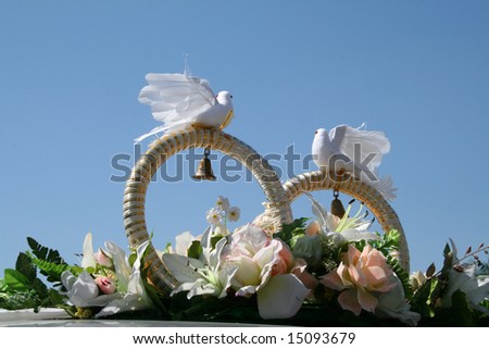 stock photo White doves holding wedding rings