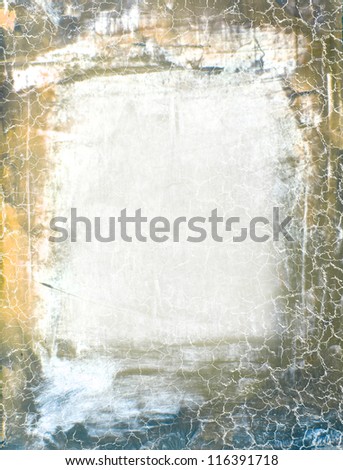 Abstract background: blue and yellow patterns on gray backdrop. Great for art texture, grunge design, and vintage paper