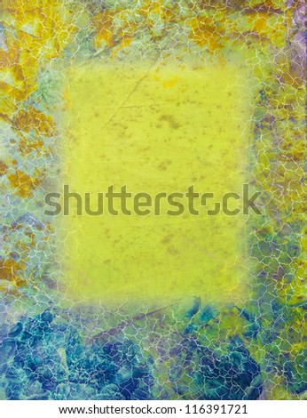 Abstract background: blue and yellow patterns on gray backdrop. Great for art texture, grunge design, and vintage paper