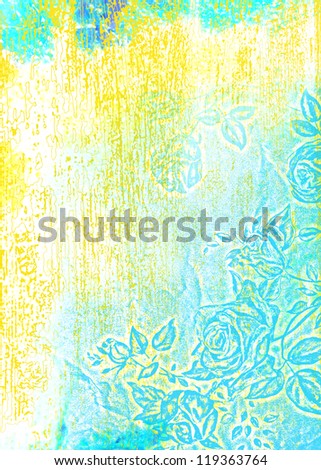 Abstract textured background: blue roses / floral patterns on white backdrop. For art texture, grunge design, and vintage paper / border frame