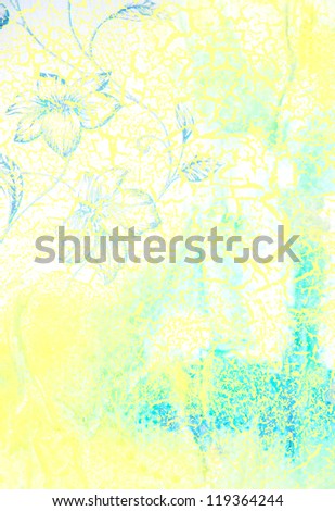 Abstract textured background: blue floral patterns on yellow backdrop. For art texture, grunge design, and vintage paper / border frame