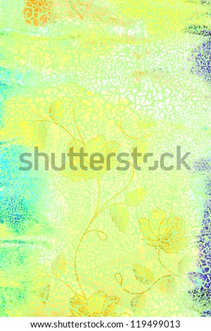 Abstract textured background: yellow floral patterns on blue backdrop. For art texture, grunge design, and vintage paper / border frame