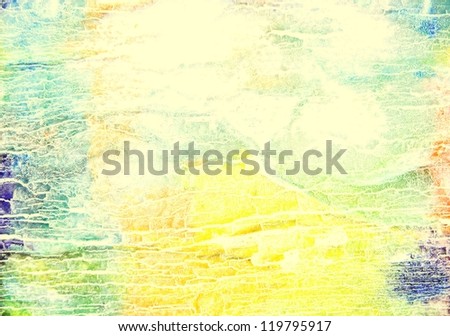 Abstract textured background: blue, red, and green patterns on yellow backdrop. For art texture, grunge design, and vintage paper / border frame